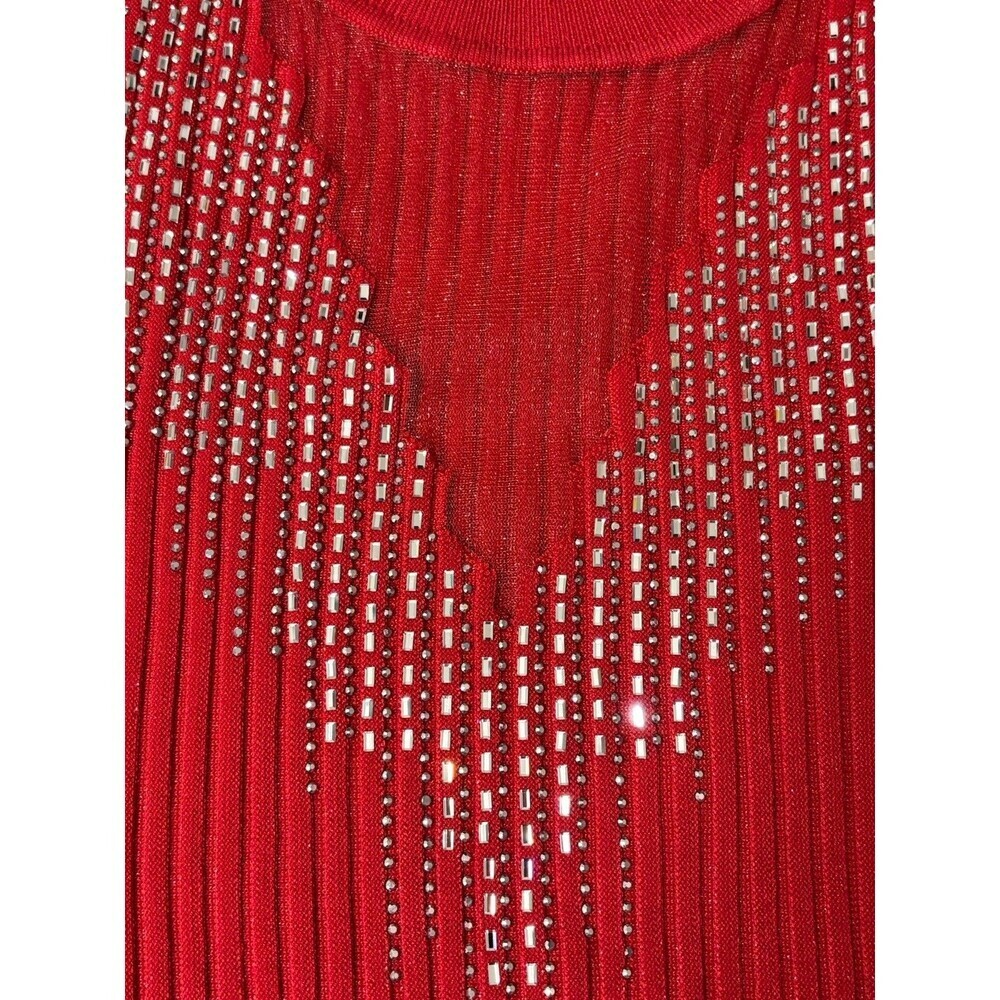 Boston Proper Rhinestone Embellished Mesh Illusion Sweater Women’s, Small, Red - Picture 7 of 10